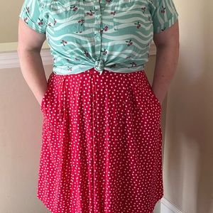 S Amy (Fits like L) (Teal w/ red cherries) + L Madison (Red w/ white polka dots)